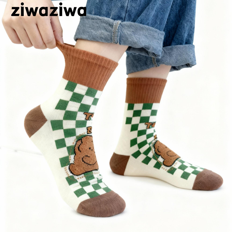 【4足set】チェックボード熊コットンソックス