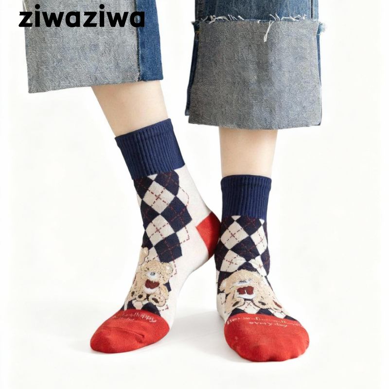 【4足set】チェックボード熊コットンソックス