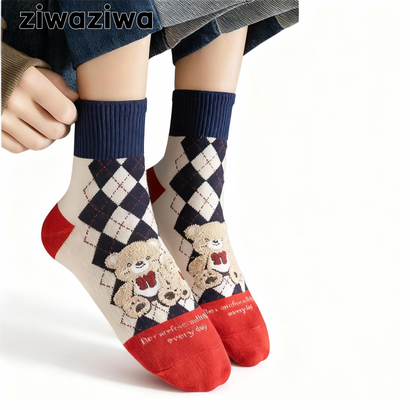 【4足set】チェックボード熊コットンソックス