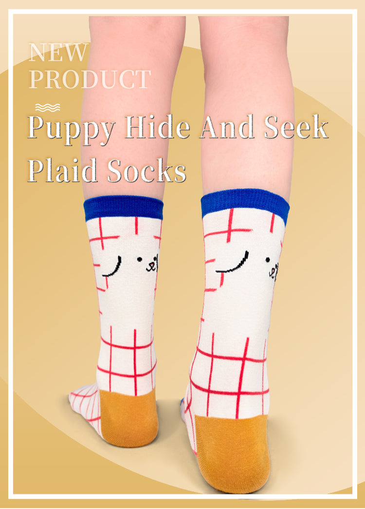 ZiwaZiwa集袜: Paws & Lines Collection - Puppy Hide And Seek Plaid Socks