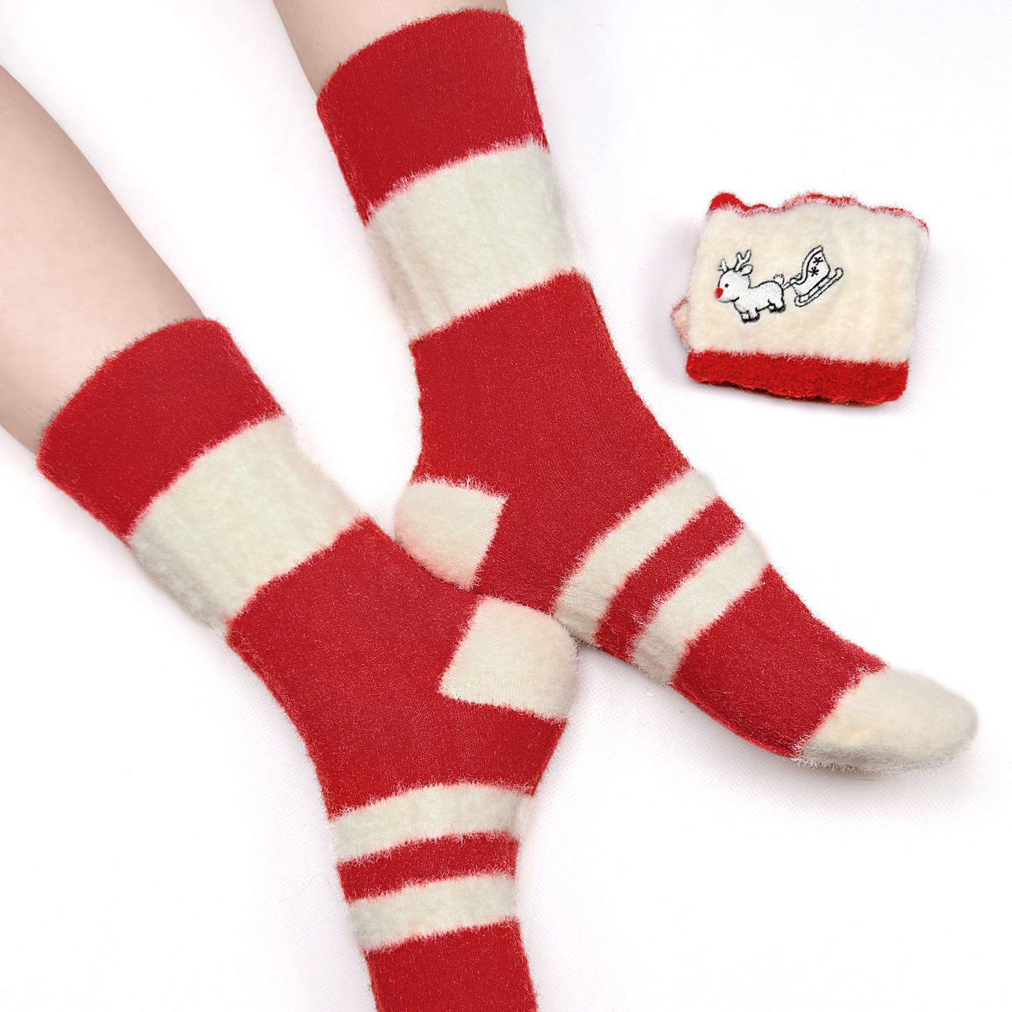 Original Christmas Style Red Reindeer Striped Mid-calf Socks