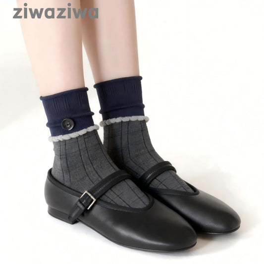 シームレスソックスボタンデザイン学院風クルーソックス