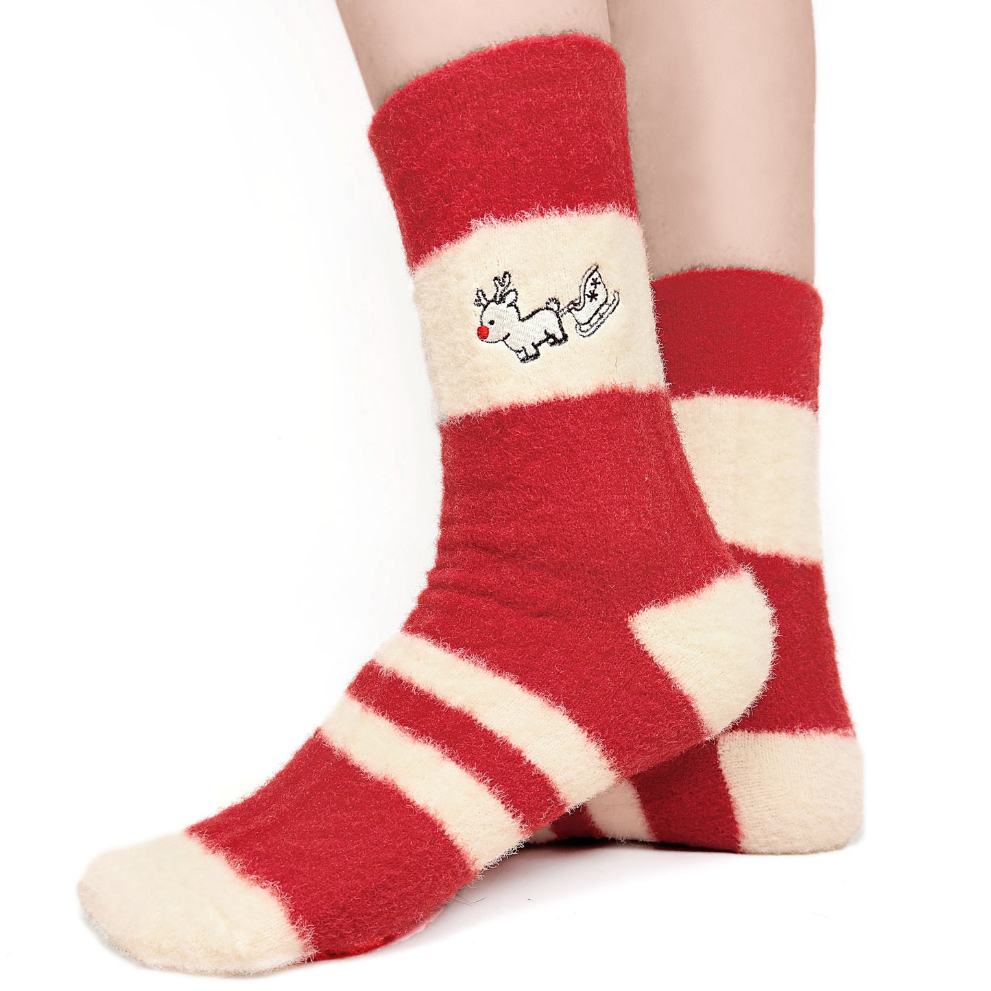 Original Christmas Style Red Reindeer Striped Mid-calf Socks
