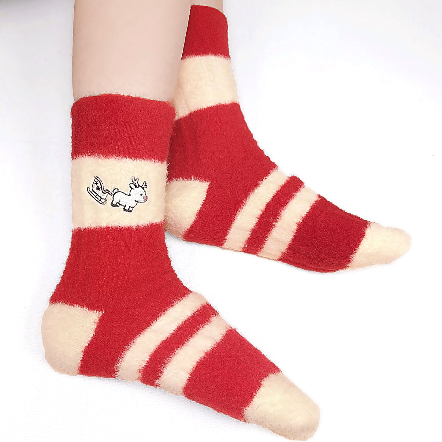 Original Christmas Style Red Reindeer Striped Mid-calf Socks
