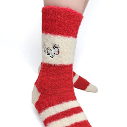 Original Christmas Style Red Reindeer Striped Mid-calf Socks