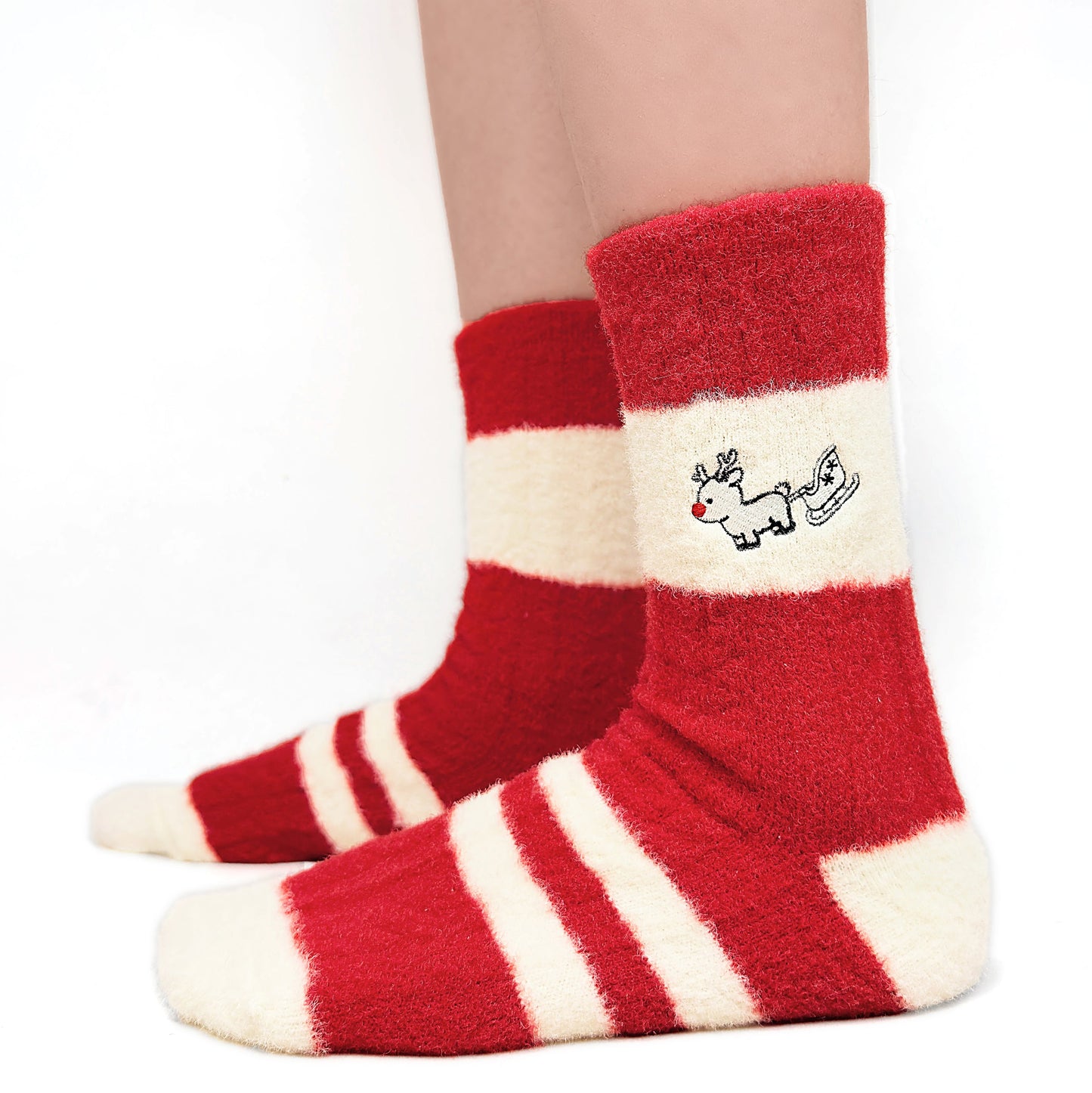 Original Christmas Style Red Reindeer Striped Mid-calf Socks