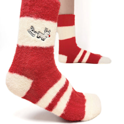 Original Christmas Style Red Reindeer Striped Mid-calf Socks