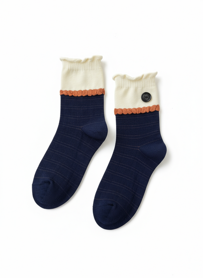 シームレスソックスボタンデザイン学院風クルーソックス